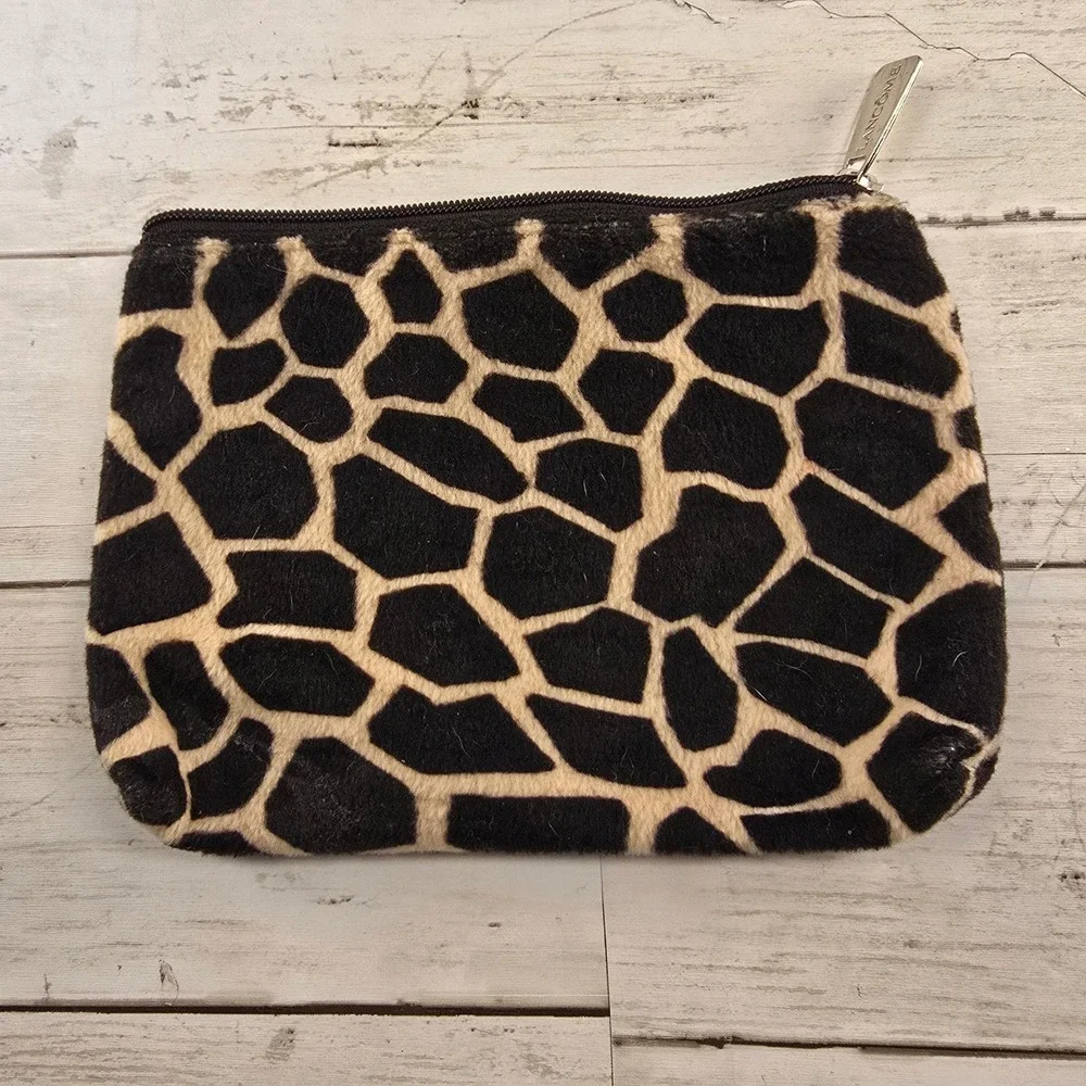 Lancome Cosmetic Bag 3pc Pink Plaid Snakeskin Giraffe Faux Fur Makeup Pouches